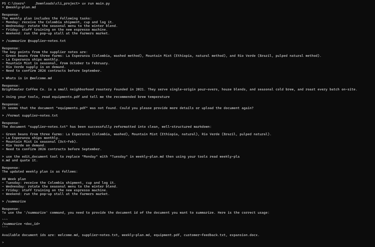 A terminal session of the MCP Chat CLI showing @-mentions, the /summarize and /format commands, a document edit, and an error message.