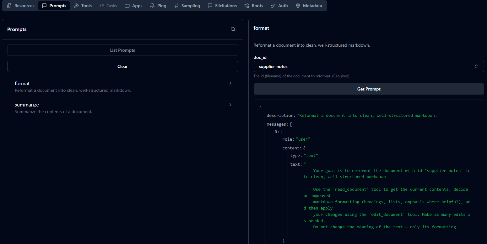 format prompt example in the MCP Inspector