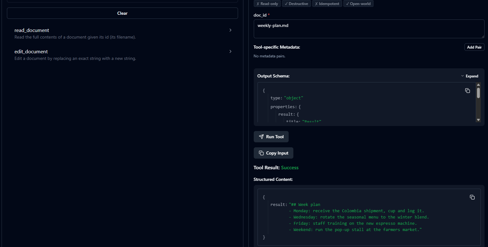 read_document tool in the MCP Inspector